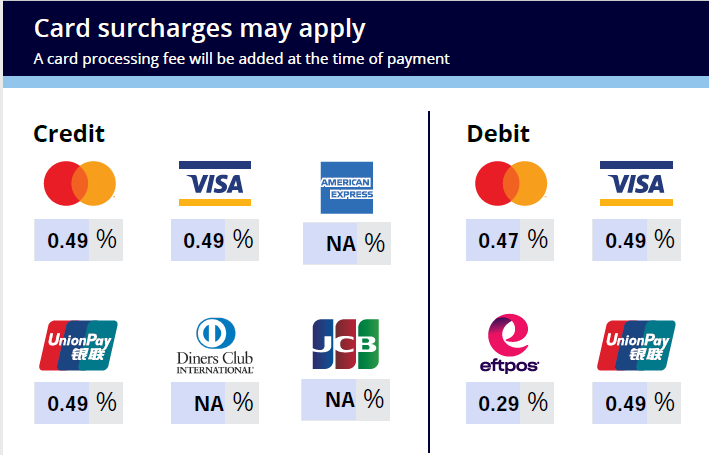 Card Surcharges may apply: A card processing fee will be added at the time of payment